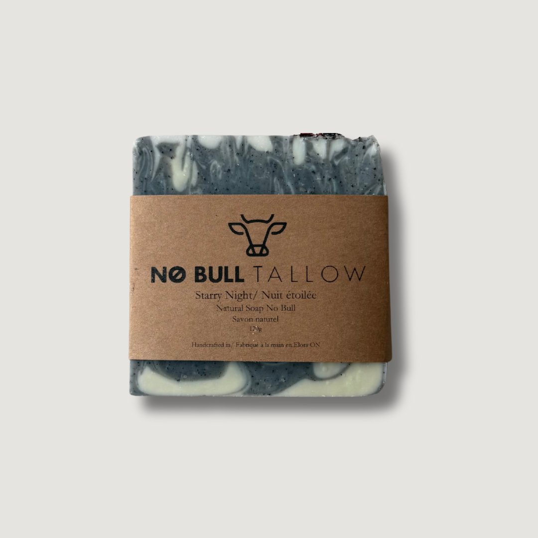 Starry Night tallow soap bar on beige background – calming lavender and cedarwood handmade soap