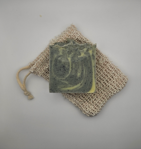 Natural hemp soap bag with tallow soap on top