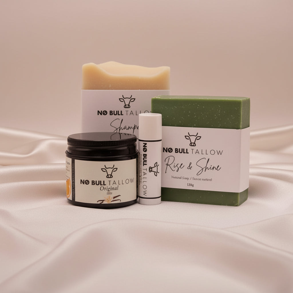 Valentine's complete tallow set. soap, shampoo, lip balm, and body butter on silk cloth with roses