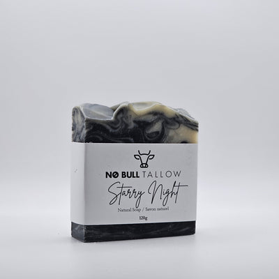 Starry Night tallow soap bar on beige background – calming lavender and cedarwood handmade soap