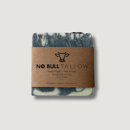 Starry Night tallow soap bar on beige background – calming lavender and cedarwood handmade soap