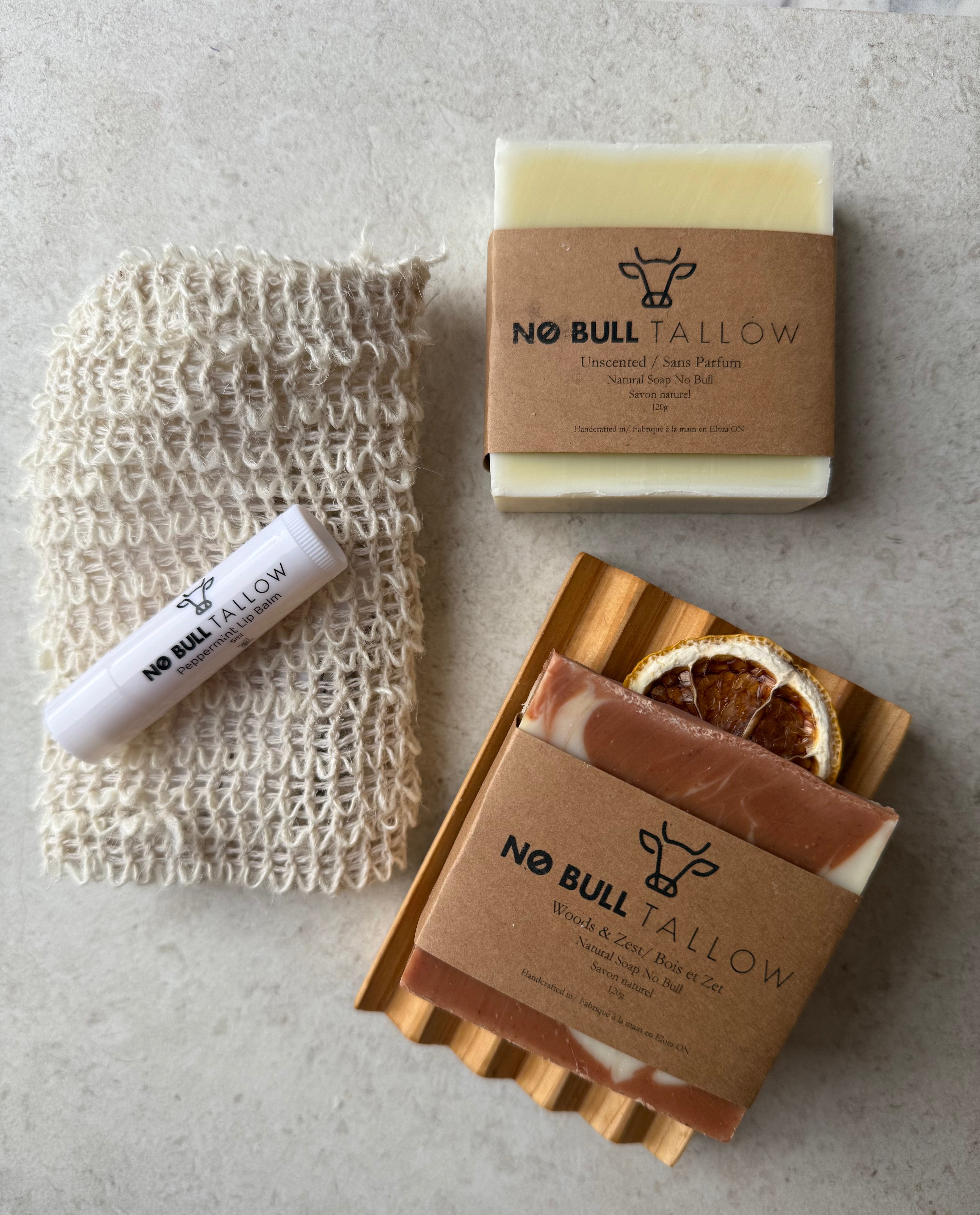 Natural tallow soap with hemp soap saver bag
